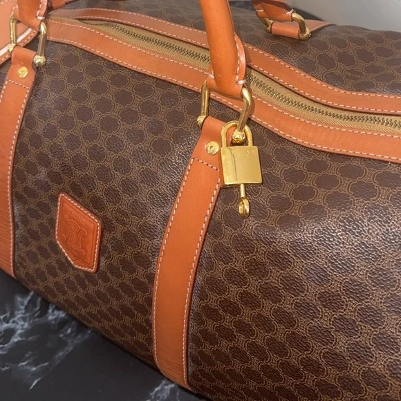CELINE Macadam Pattern BostonTravel Duffle Bag Leather PVC Brown +Lock AUTHENTIC - Picture 12 of 16